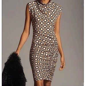 ANTHROPOLOGIE Maya Geometric Print Ruched Cowl Neck Sleeveless Sheath Dress